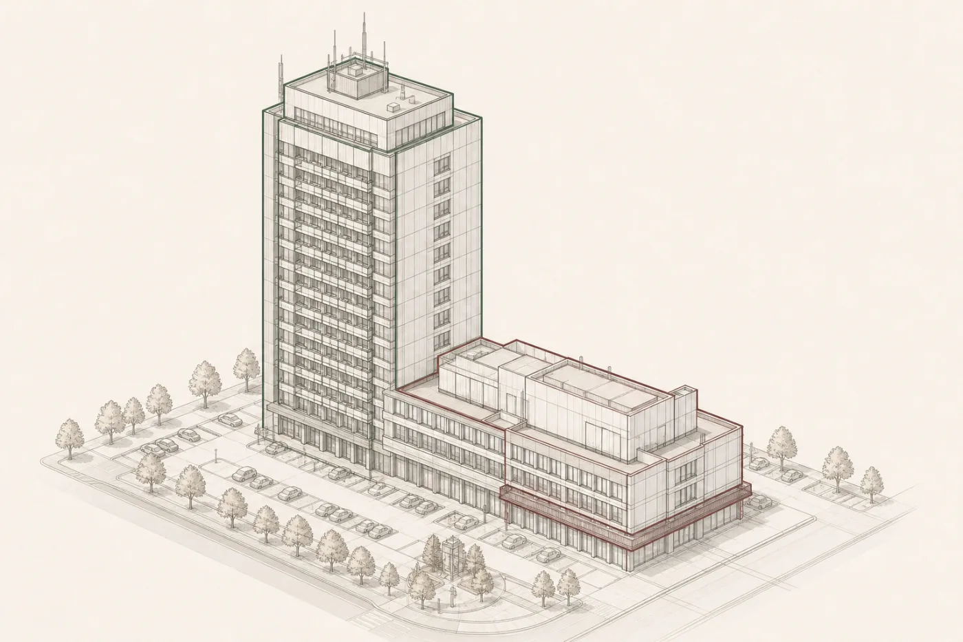 Architectural investment overview illustration showing Corp A P+12 hotel tower and Corp B P+4 hotel facilities